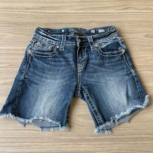 Miss Me Blue Frayed Hem Denim Shorts